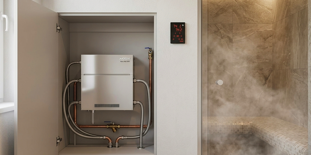 HARVIA Helix HGD WiFi-Dampfgenerator in einem Technikschrank neben einer modernen Dampfsauna